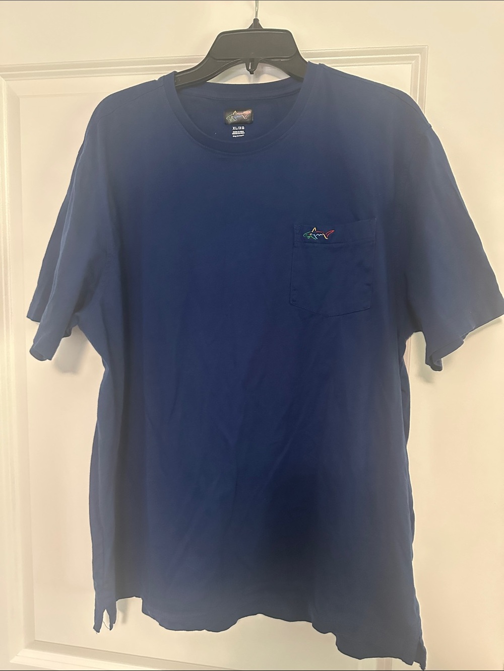 Attack Life by Greg Norman Navy Short Sleeve Pocket Tee with Multicolor Shark